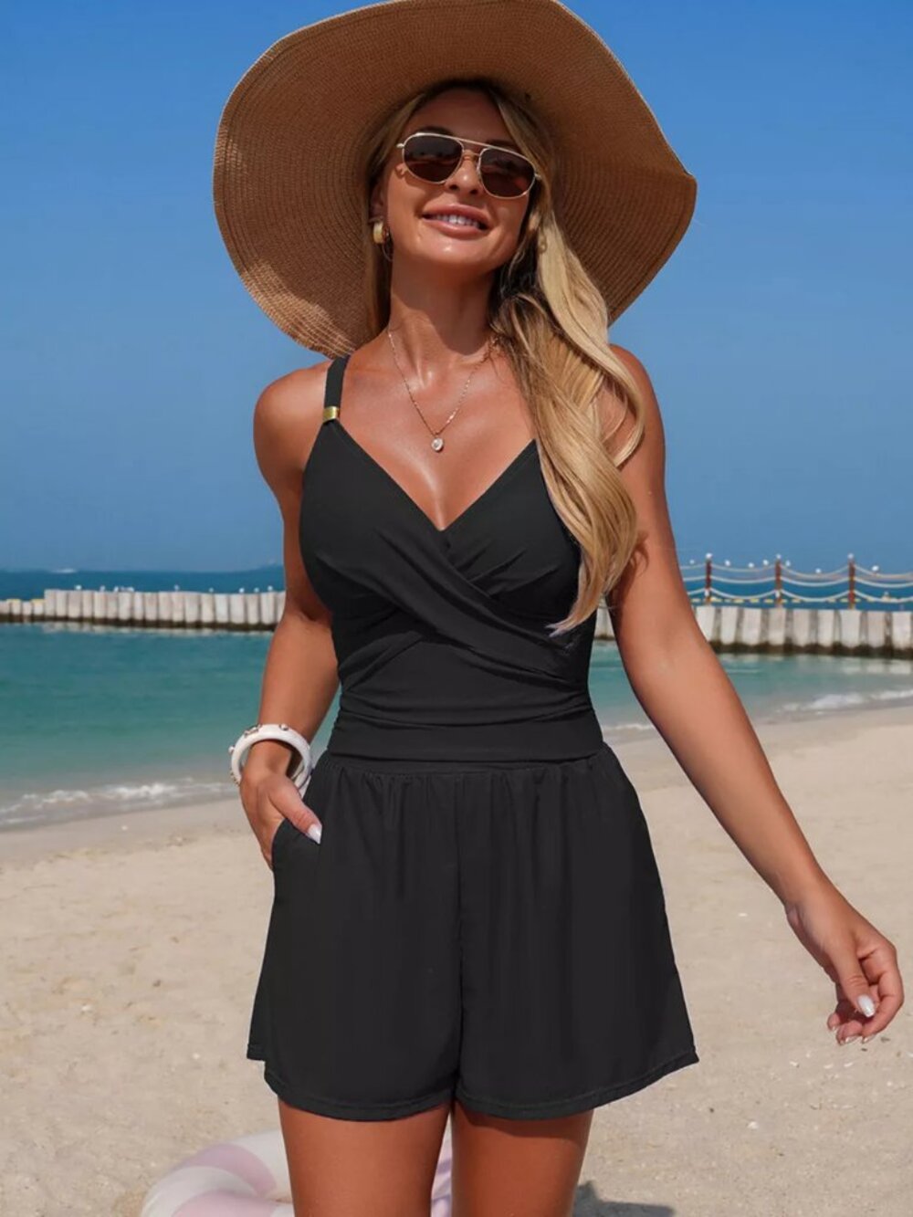 V-Neck Spaghetti Strap One-Piece Swimsuit